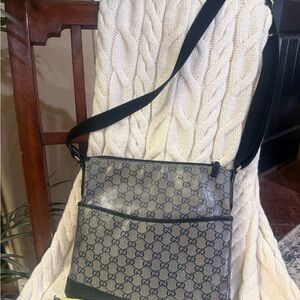 Gucci Black and Green Metallic Coated Canvas and Leather Messenger Bag with COA